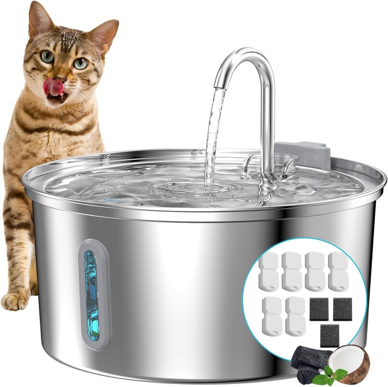 KOOGMOON Cat Water Fountain Stainless Steel: 108oz/3.2L Cat Fountain for Drinking - Pet Water Fountain for Cats Inside - Automatic Cat Water Dispenser Bowl - Cat Feeding & Watering Supplies 6 Filters 3 Sponges - Image 1